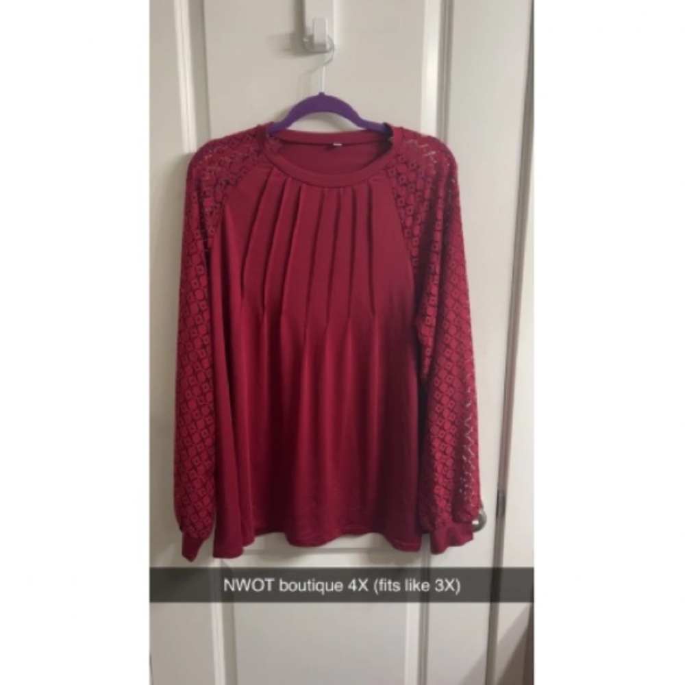 Elegant Red Lace Sleeve Women's Top